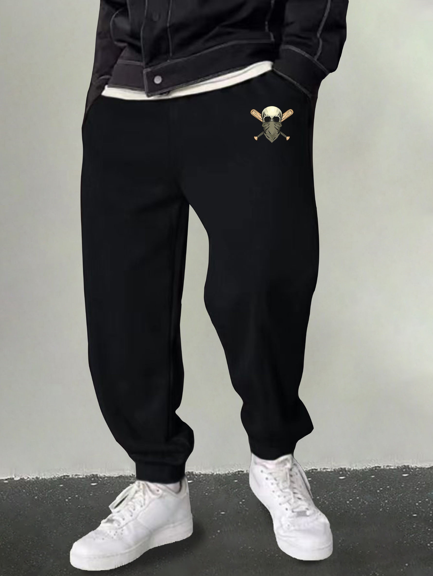 Men's Skull & Baseball Bat Print Joggers Breathable Sweatpants