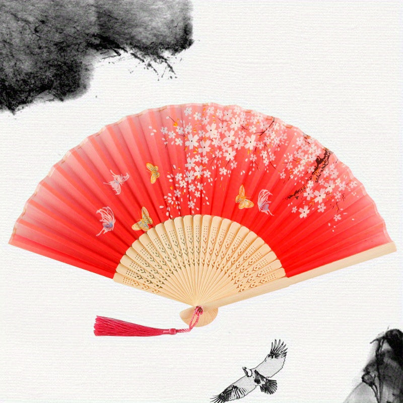 Folding Fan Women's Handheld Fan Silk Bamboo Hollowed Tassel Fan