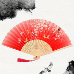 Folding Fan Women's Handheld Fan Silk Bamboo Hollowed Tassel Fan