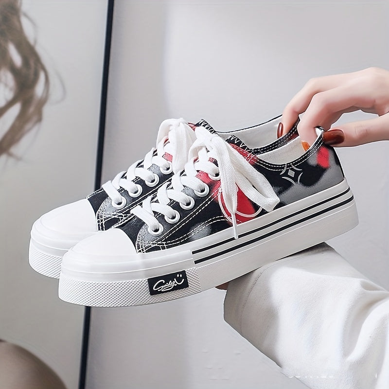 Women's Smiley Face Canvas Sneakers Lace Up Skate Shoes