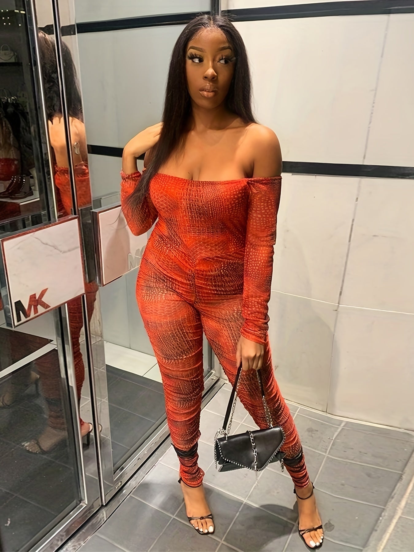 Graphic Print Off Shoulder Jumpsuit Women's Clothing
