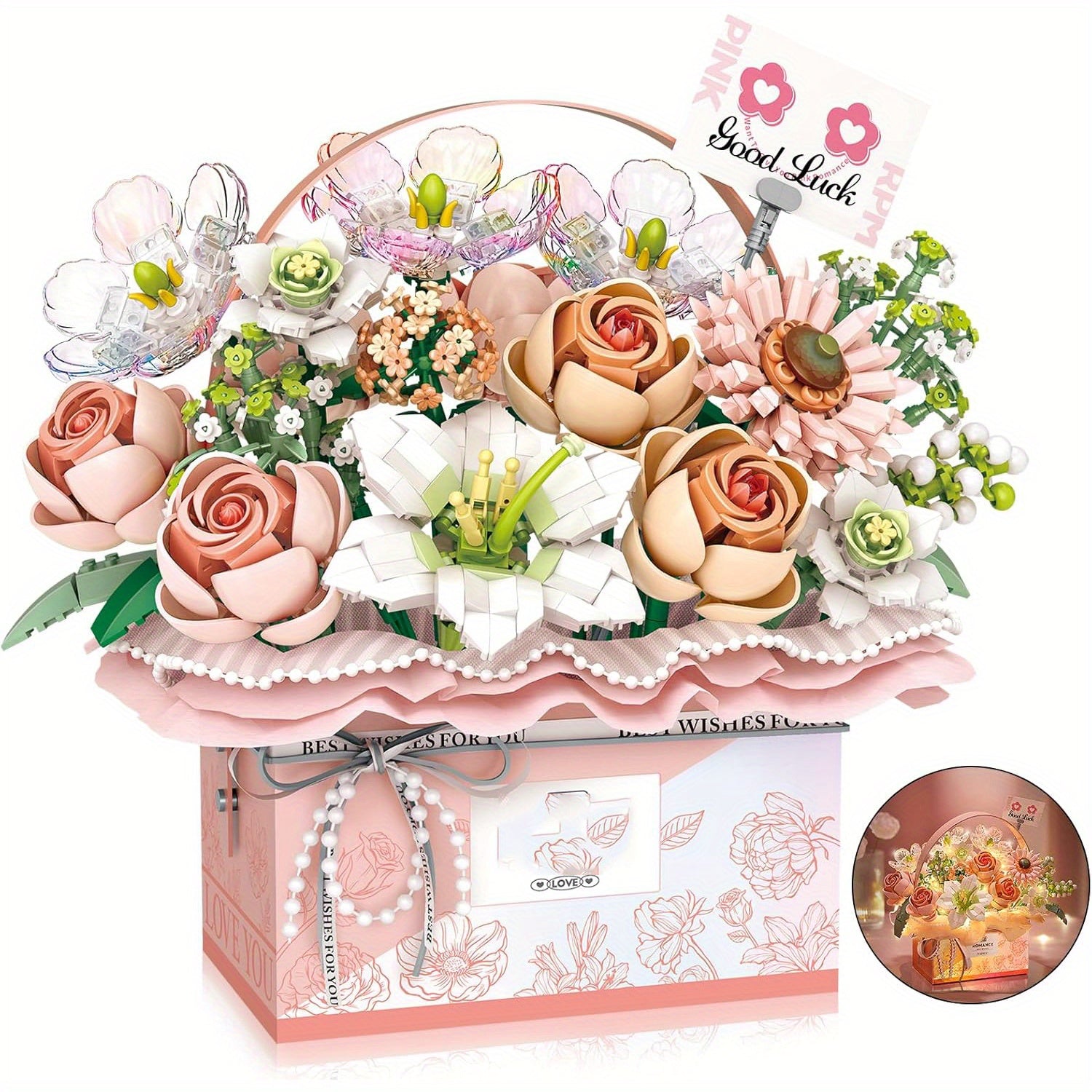 1212pcs Flower Bouquet Block Set with Light Strips DIY Decoration