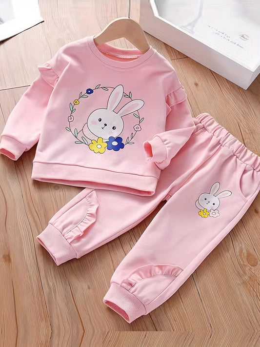 Girl's Rabbit Print 2pcs Sweatshirt & Sweatpants Set for Spring Fall