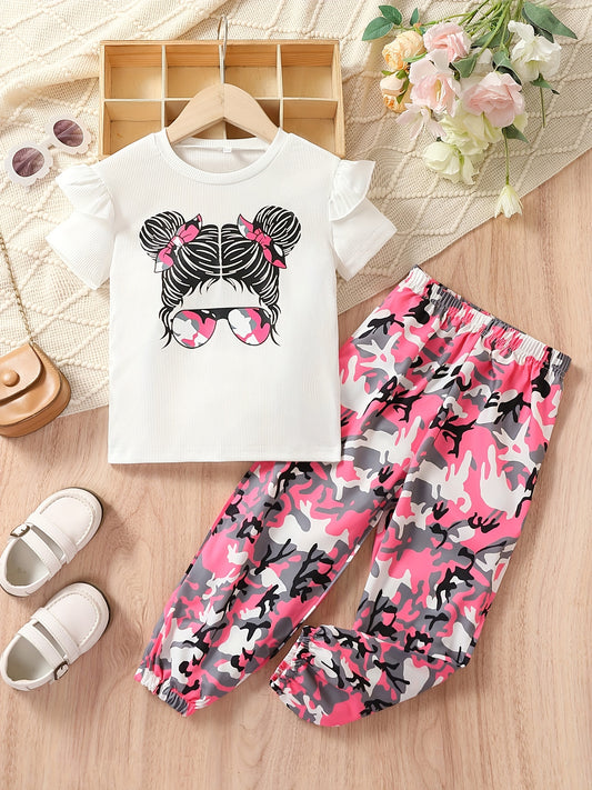 Girl's Sunglasses Print T-shirt & Pants Set for Summer