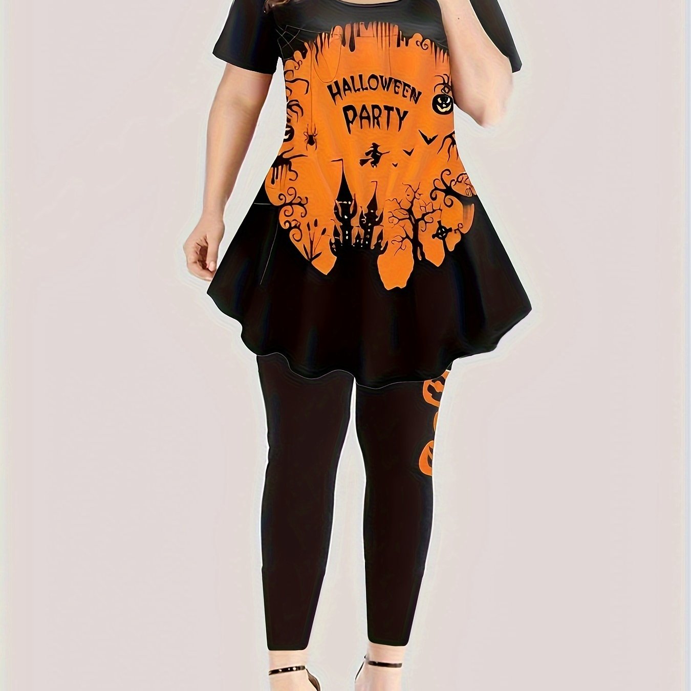  Halloween Gothic Outfits Set Women's Plus Pumpkin & Bat Print
