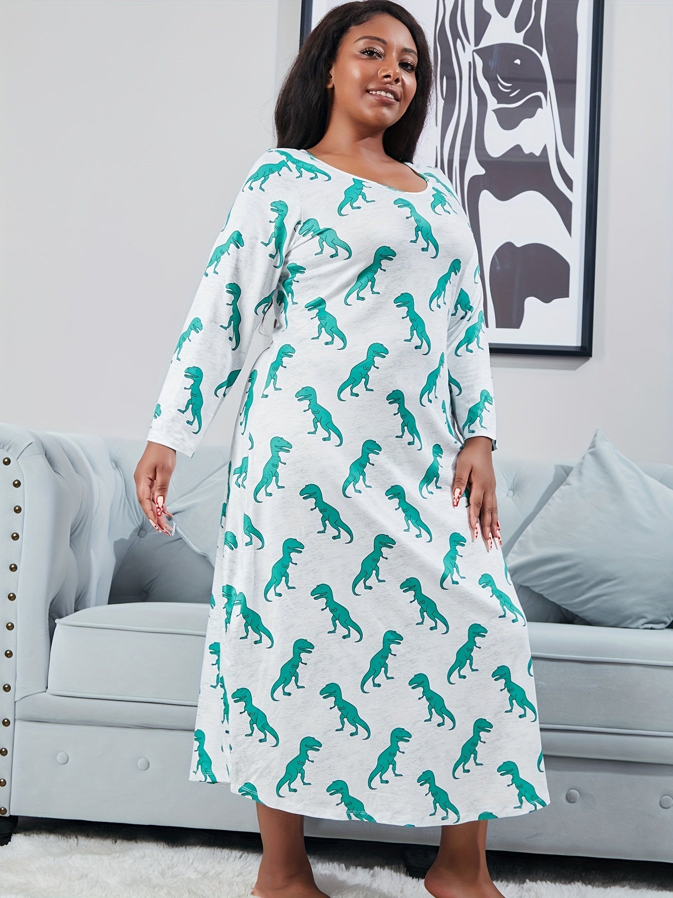  Dinosaur Print Long Sleeve Round Neck Nightdress