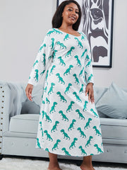  Dinosaur Print Long Sleeve Round Neck Nightdress