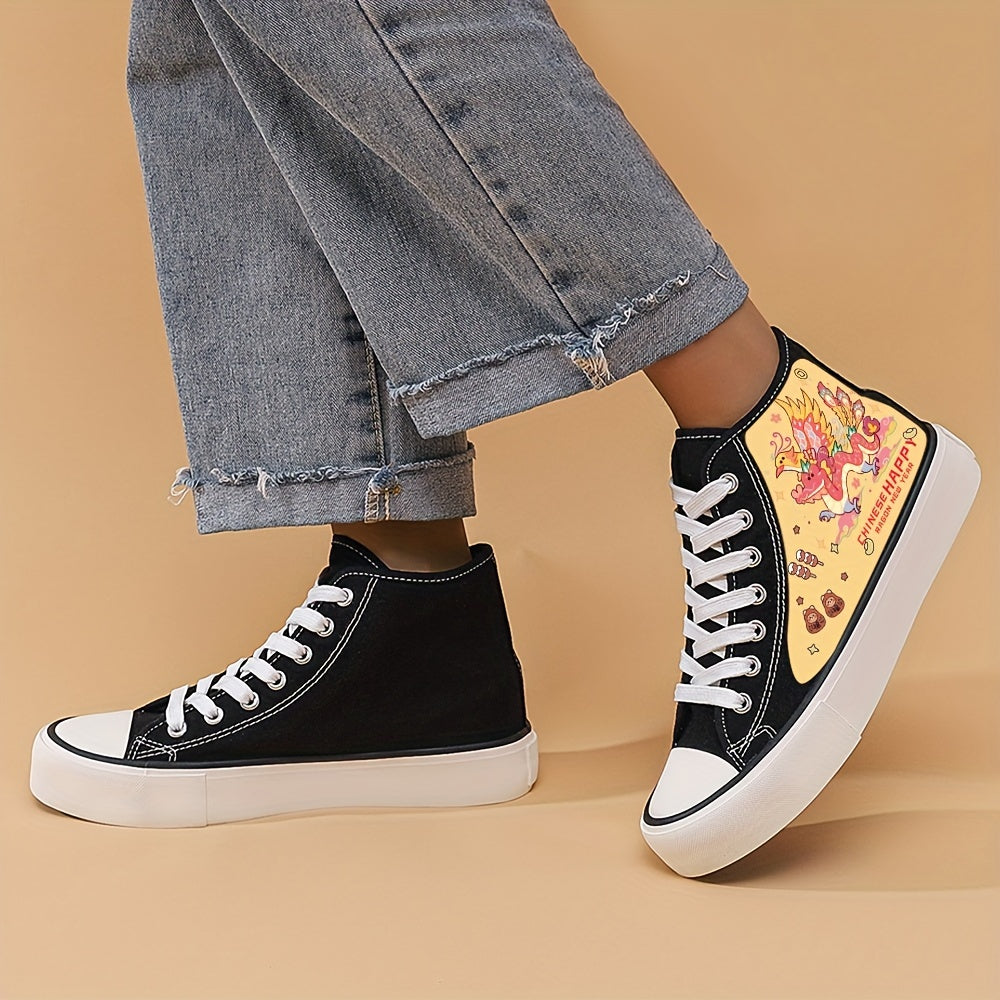 Girl's Dragon Pattern High Top Skate Shoes