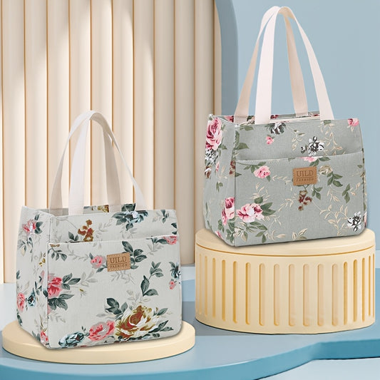 Floral Print Insulated Lunch Bag Waterproof Large Capacity Rectangular Carrier