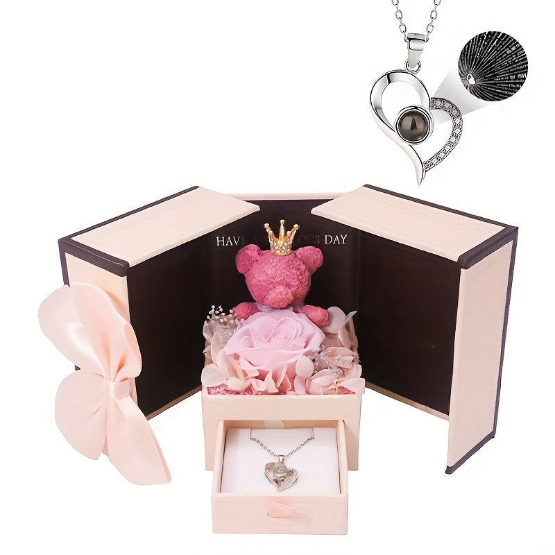 Heart Pendant Necklace with Rose Teddy & Floral Design