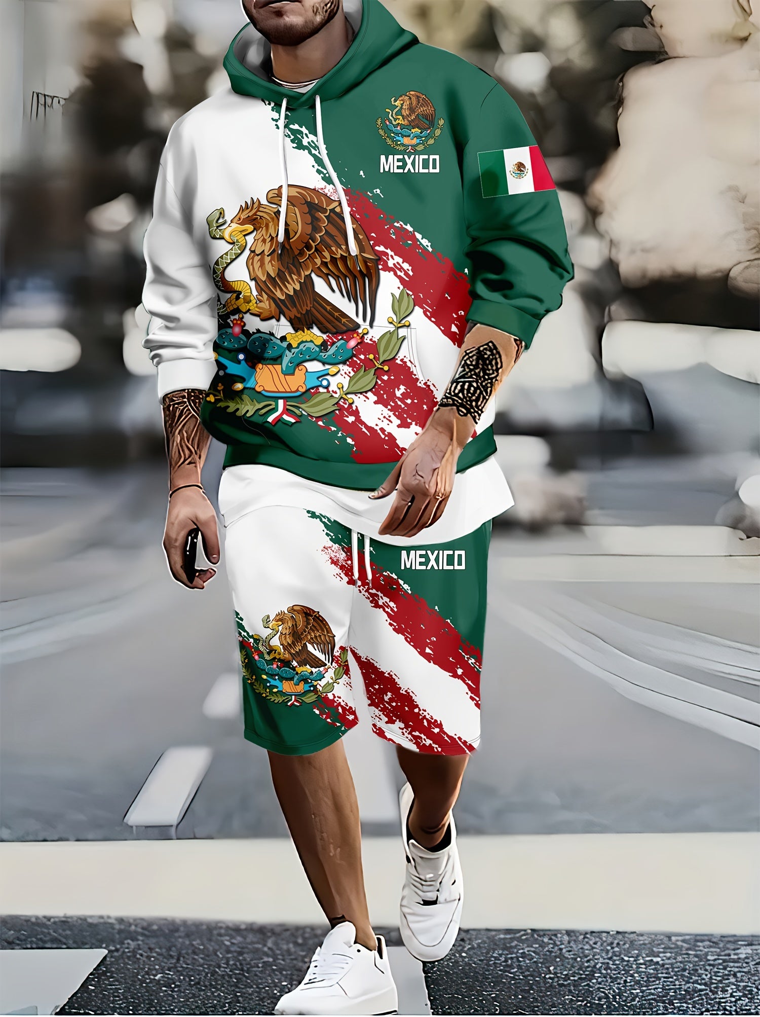 Mexico Rooster Print Men's Casual Hoodie & Shorts Set