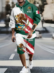 Mexico Rooster Print Men's Casual Hoodie & Shorts Set