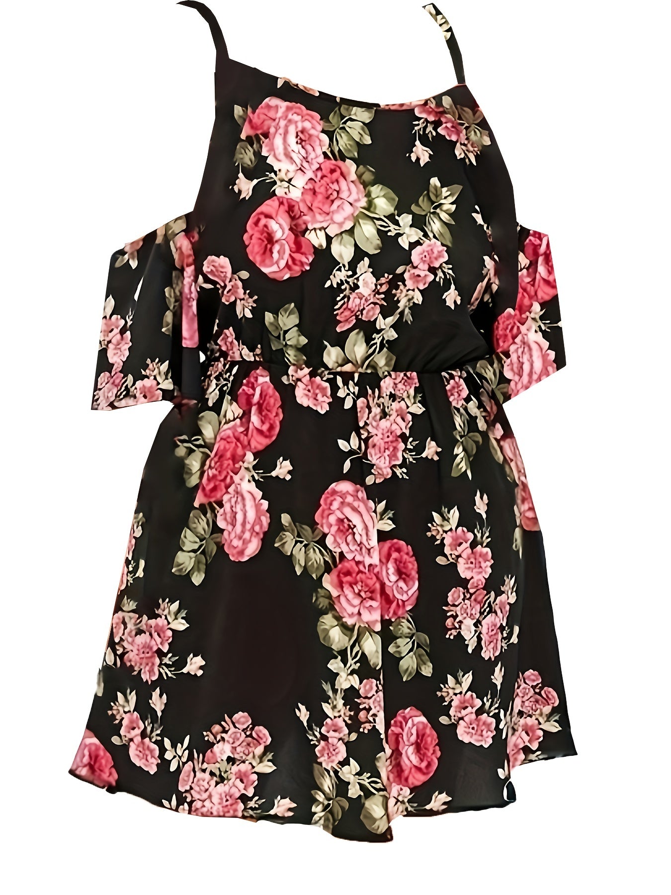  Tropical Print Cold Shoulder Round Neck Mini Dress