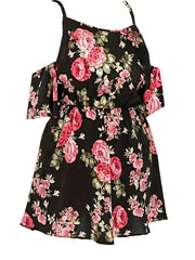  Tropical Print Cold Shoulder Round Neck Mini Dress