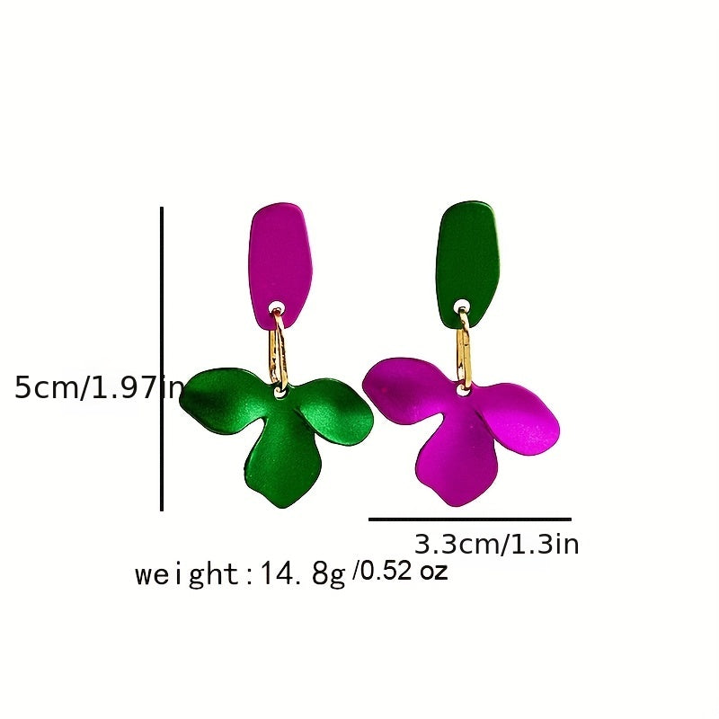 Green & Purple Flower Earrings Silver Needle Punk Style