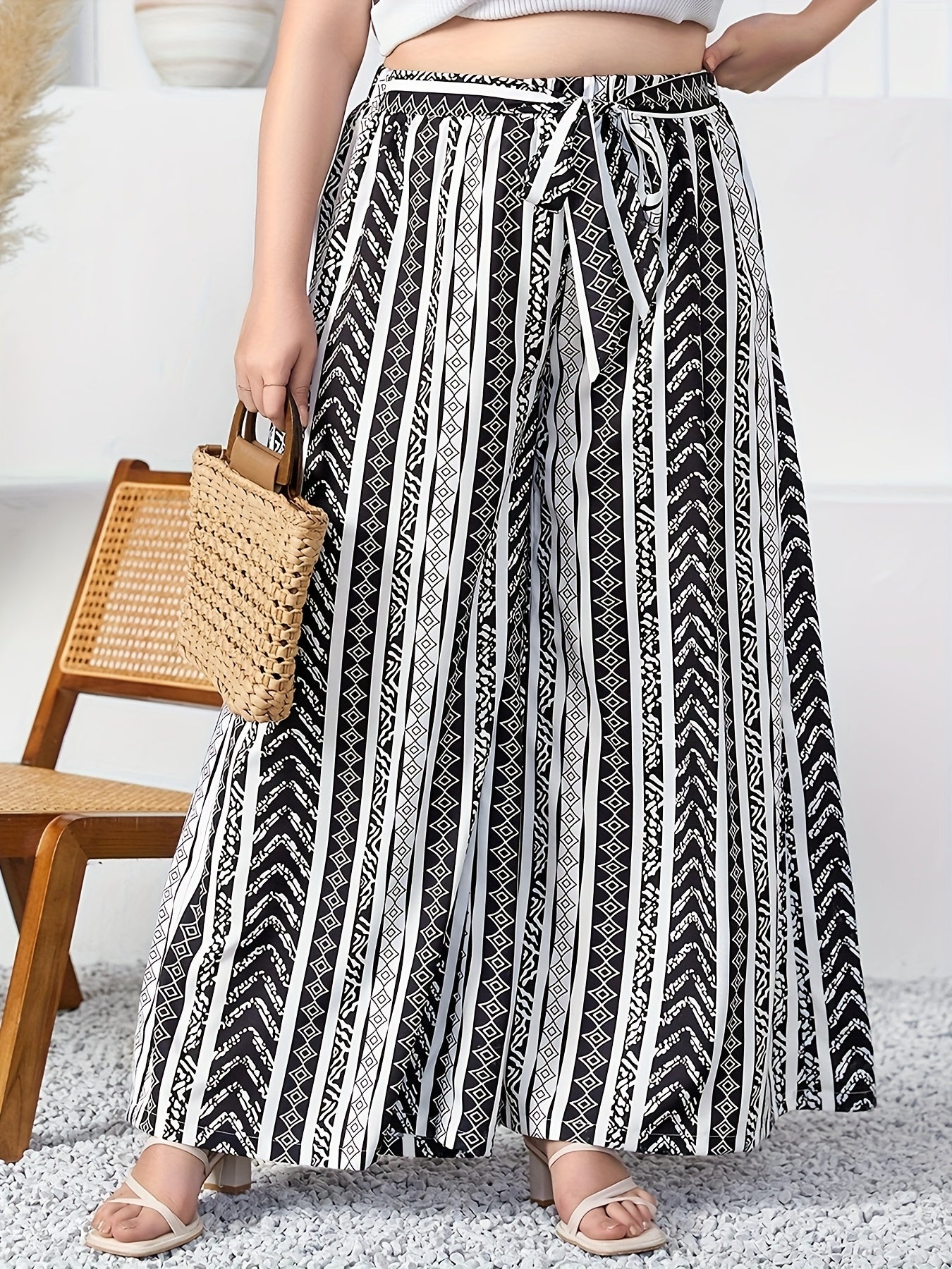  Colorblock Geometric Print Wide Leg Pants With Belt
