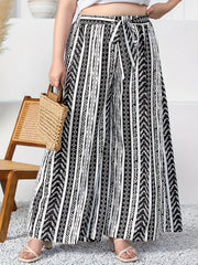  Colorblock Geometric Print Wide Leg Pants With Belt