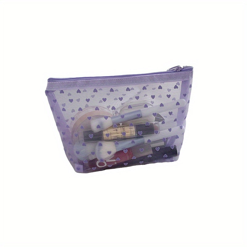 Purple Mesh Makeup Bag Heart Pattern Cosmetic Zipper Pouch