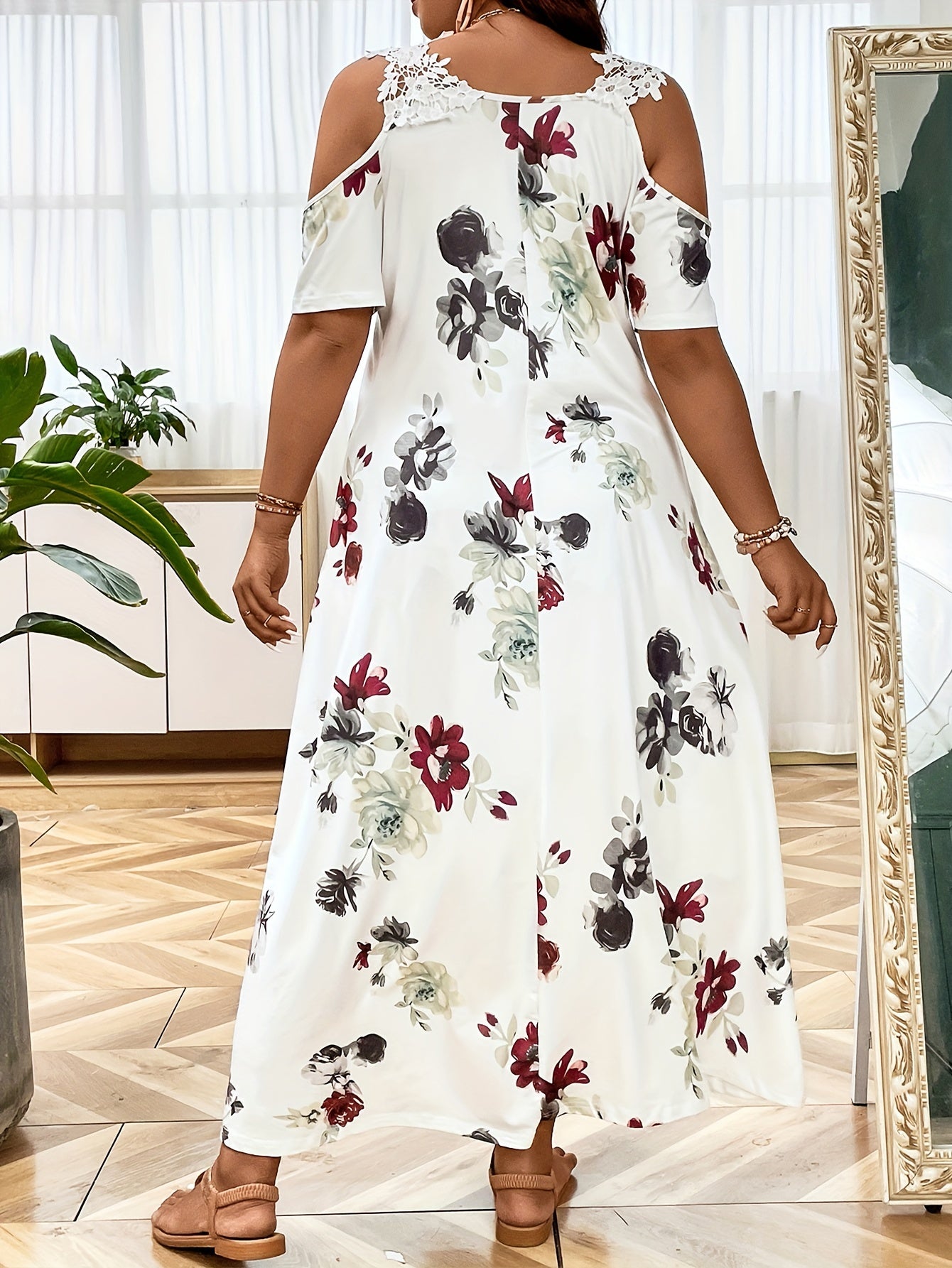  Floral Print Lace Cold Shoulder Maxi Dress