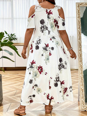  Floral Print Lace Cold Shoulder Maxi Dress