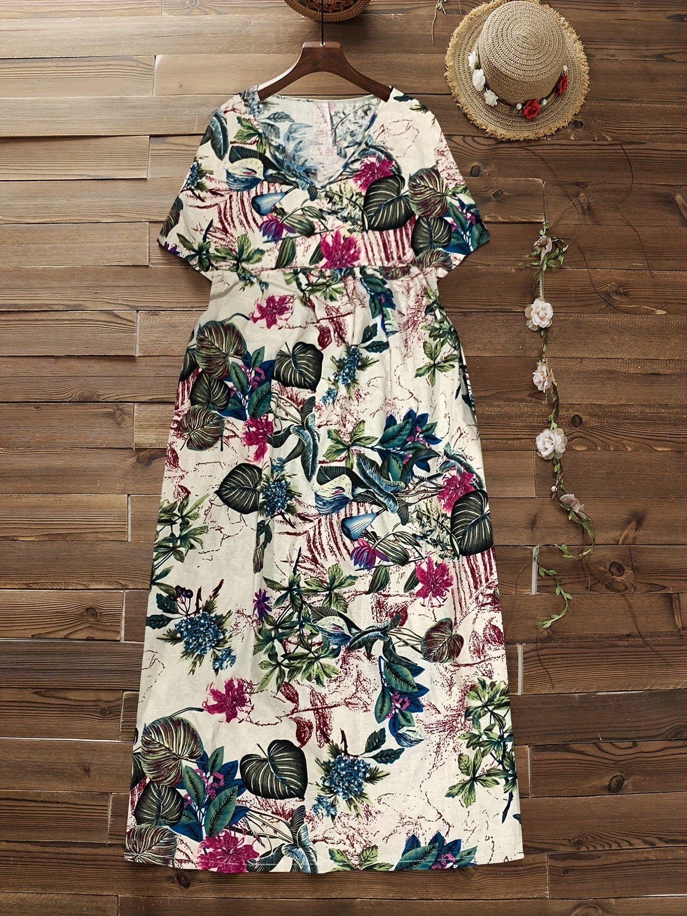 Floral Print V Neck Loose Fit Plus Size Dress
