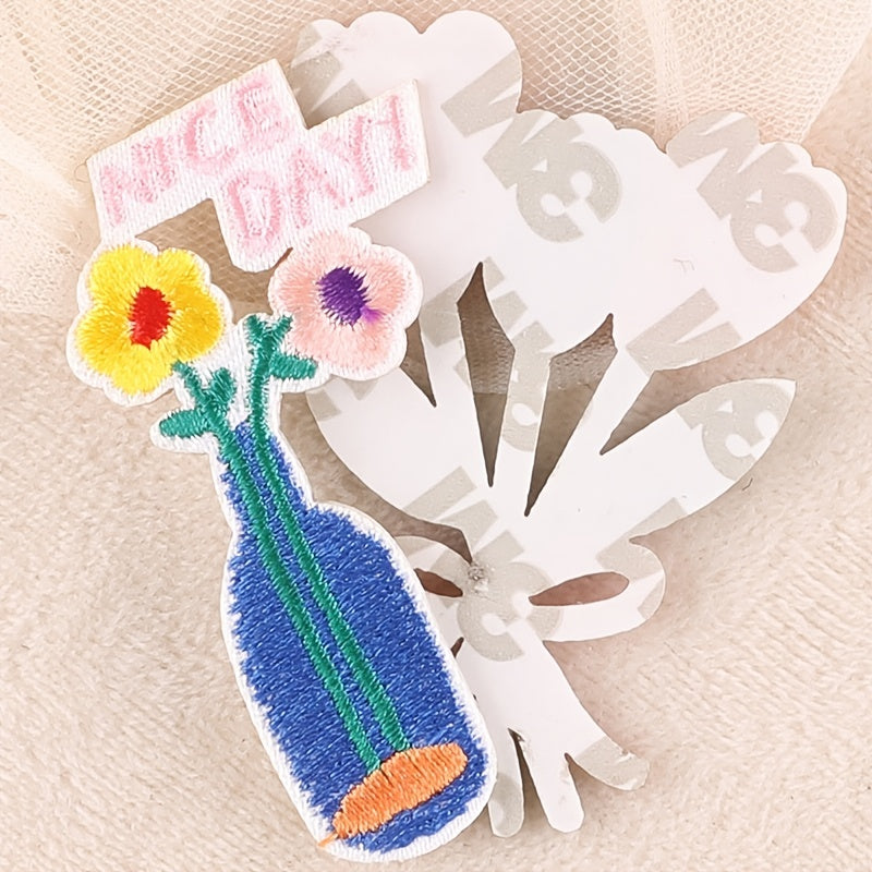 6pcs Flower Vase Embroidered Iron on Patch DIY Decorative Clothes Pants Holes