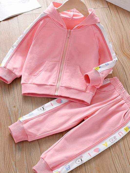 Girl's Cartoon Cat Print Hooded Jacket & Sweatpants Set