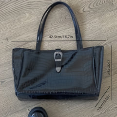 Crocodile Pattern Glossy Tote Bag Vintage PU Leather Handbag Large Capacity