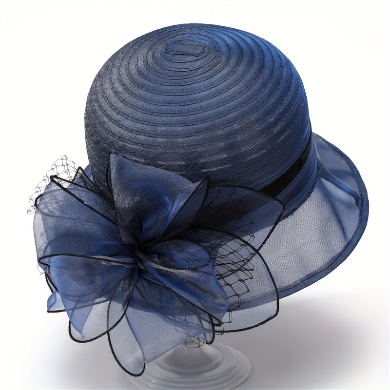French Style Organza Bucket Hat Flower Decor Stitching Thin Basin Hat