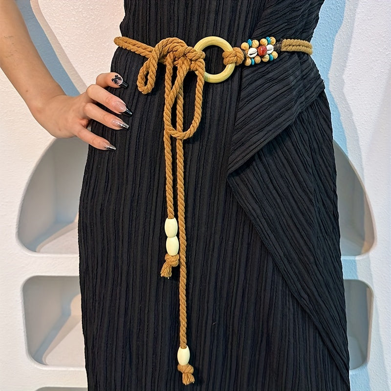 Vintage Braided Beaded Sash Belt Bohemian Waist Chain Bowknot Waistband