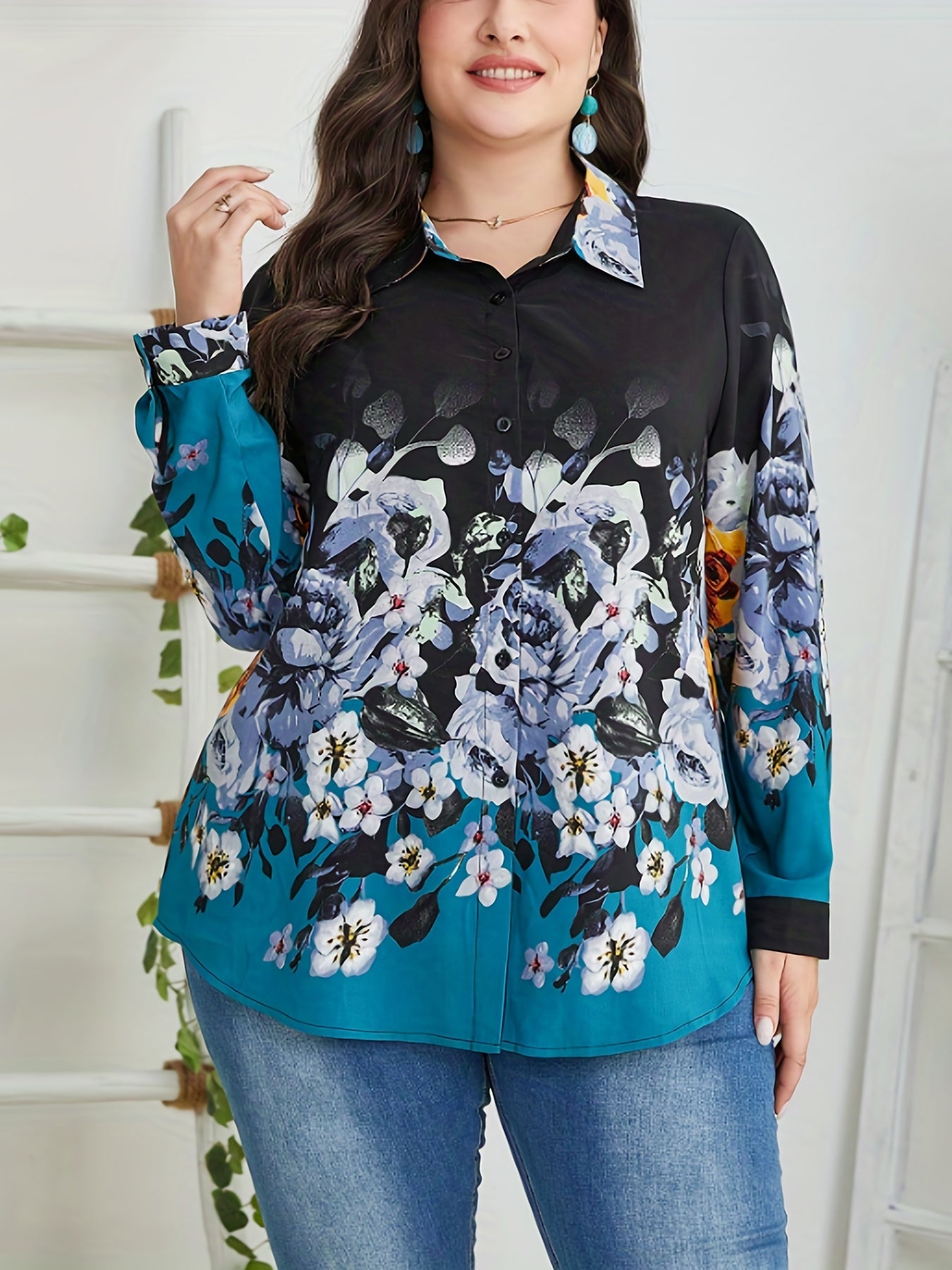  Floral Print Boho Blouse Long Sleeve Button Up Shirt Top