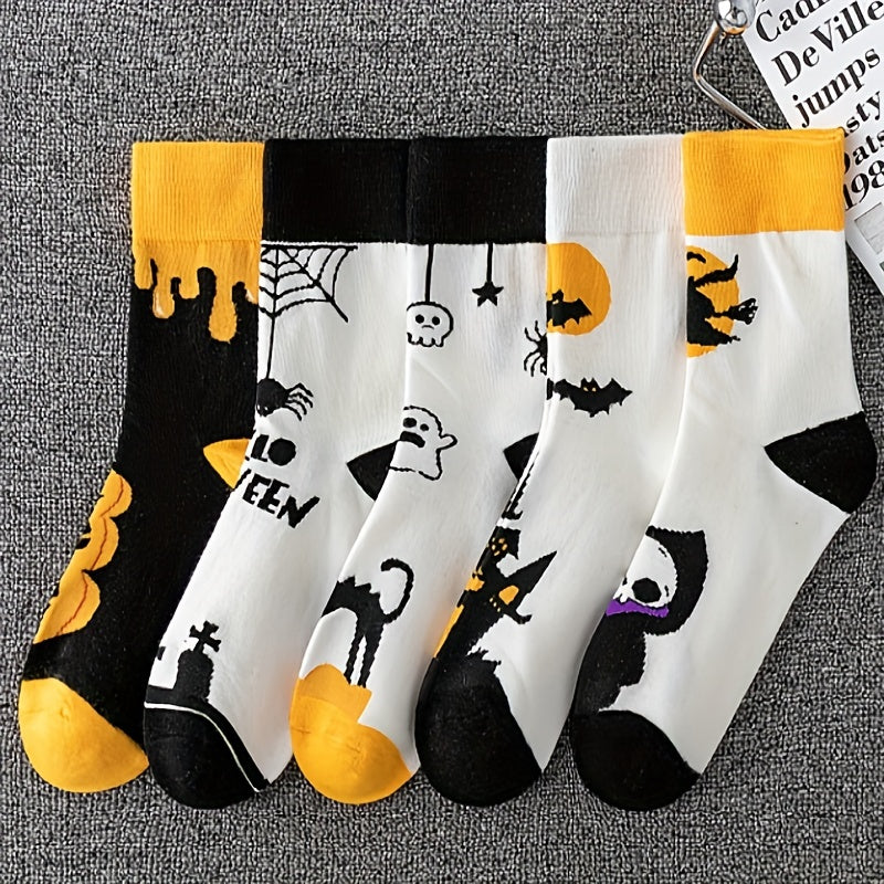 5 Pairs Ghost & Bat Print Socks Halloween Mid Tube Socks Women's Stockings