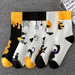 5 Pairs Ghost & Bat Print Socks Halloween Mid Tube Socks Women's Stockings