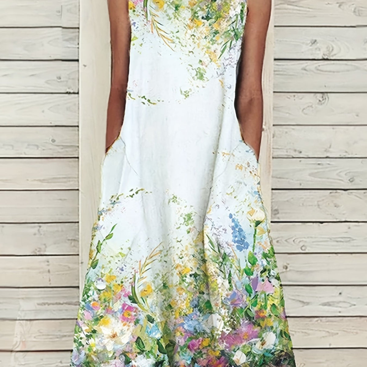 Floral Print Sleeveless Dress Casual Summer Midi Dress With Pockets