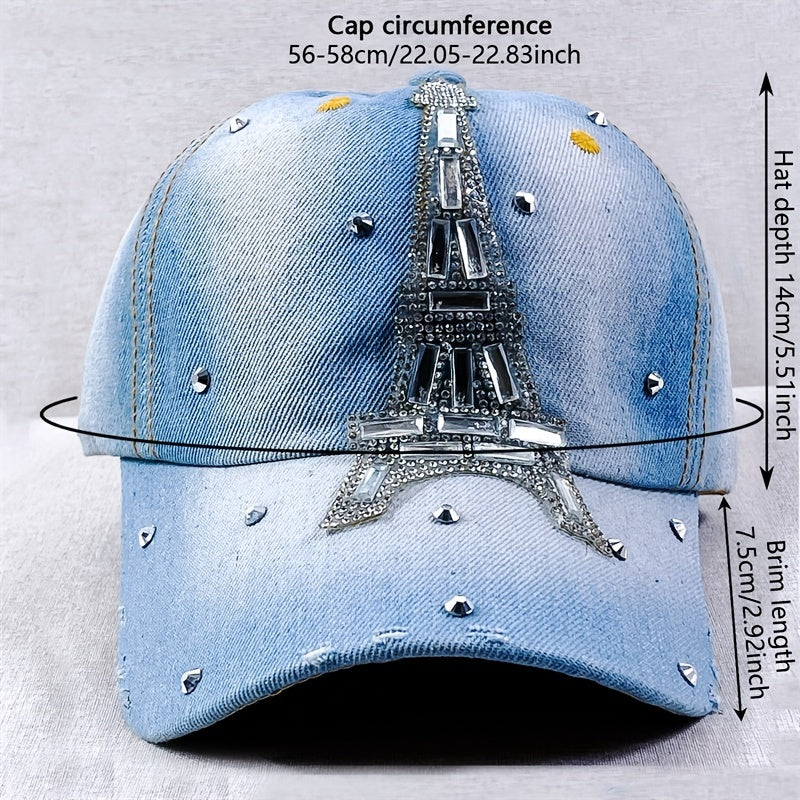Eiffel Tower Baseball Cap Rhinestone Washed Distressed Denim Dad Hat