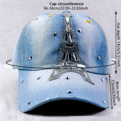 Eiffel Tower Baseball Cap Rhinestone Washed Distressed Denim Dad Hat