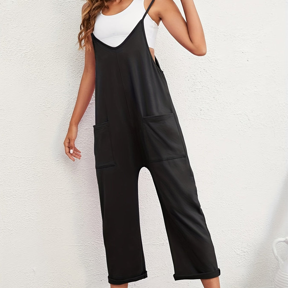 Boho Spaghetti Solid Pockets Jumpsuit Casual Sleeveless Long Length Wide Leg