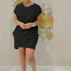 Plus Size Solid Cap Sleeve Mini Dress With Pockets