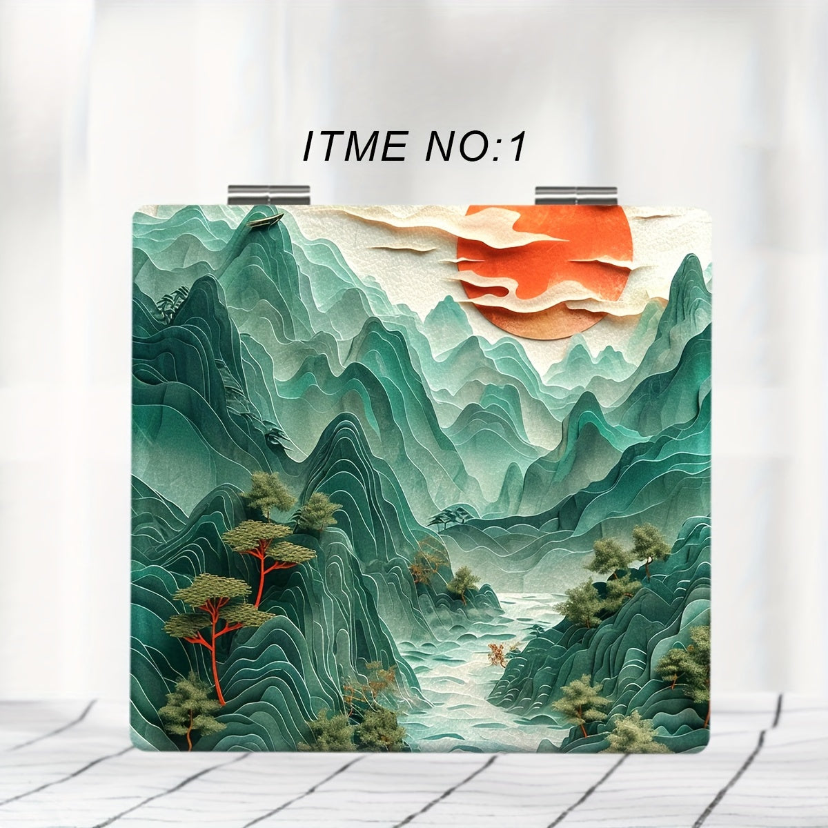Portable Foldable Handheld Makeup Mirror with Classical Chinese Landscape Art