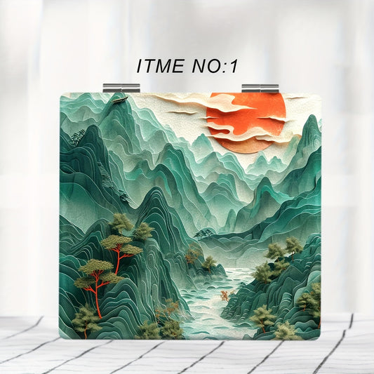 Portable Foldable Handheld Makeup Mirror with Classical Chinese Landscape Art
