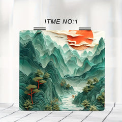 Portable Foldable Handheld Makeup Mirror with Classical Chinese Landscape Art