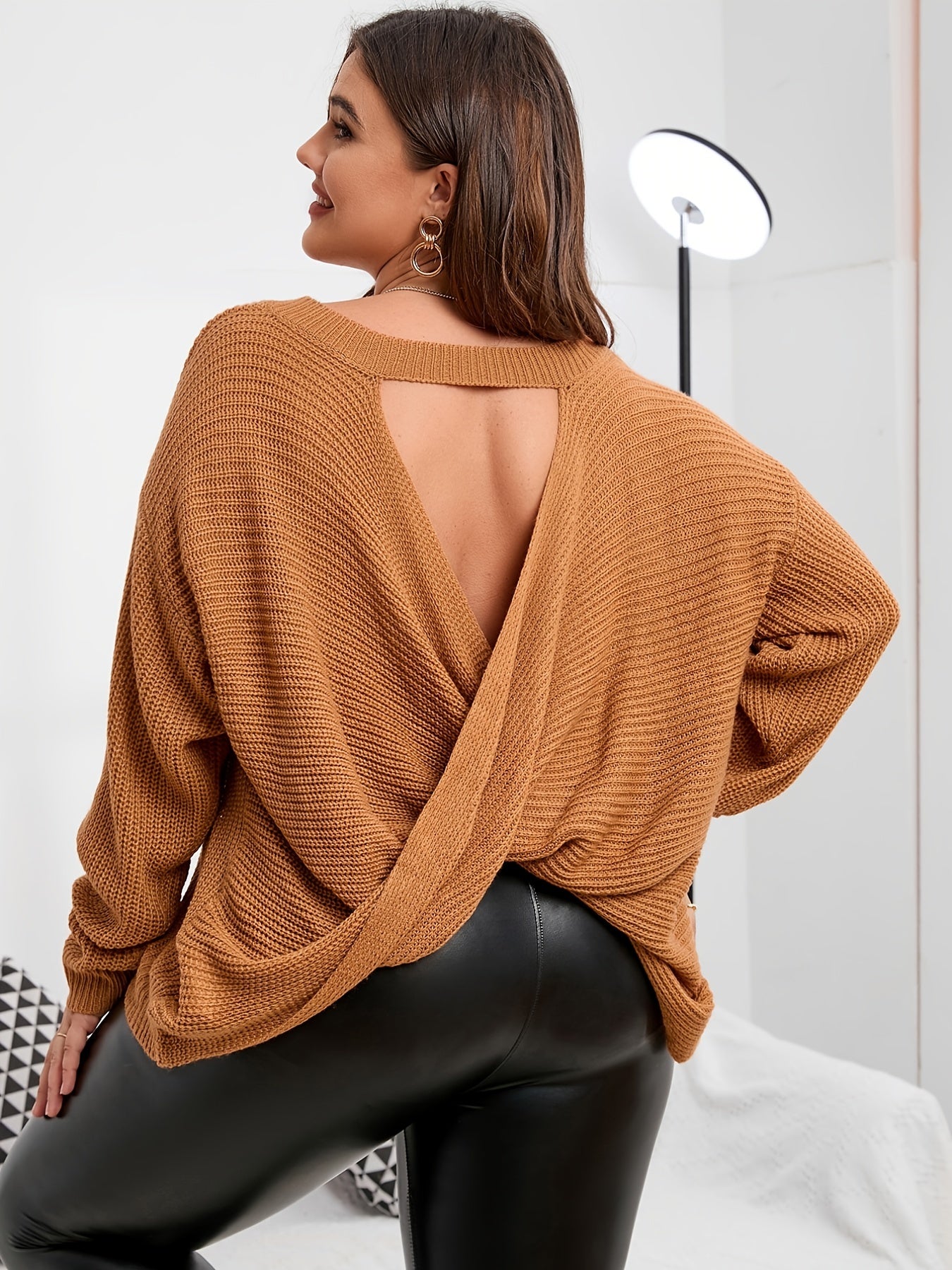  Criss Cross Cut Out Back Sweater Women's Plus