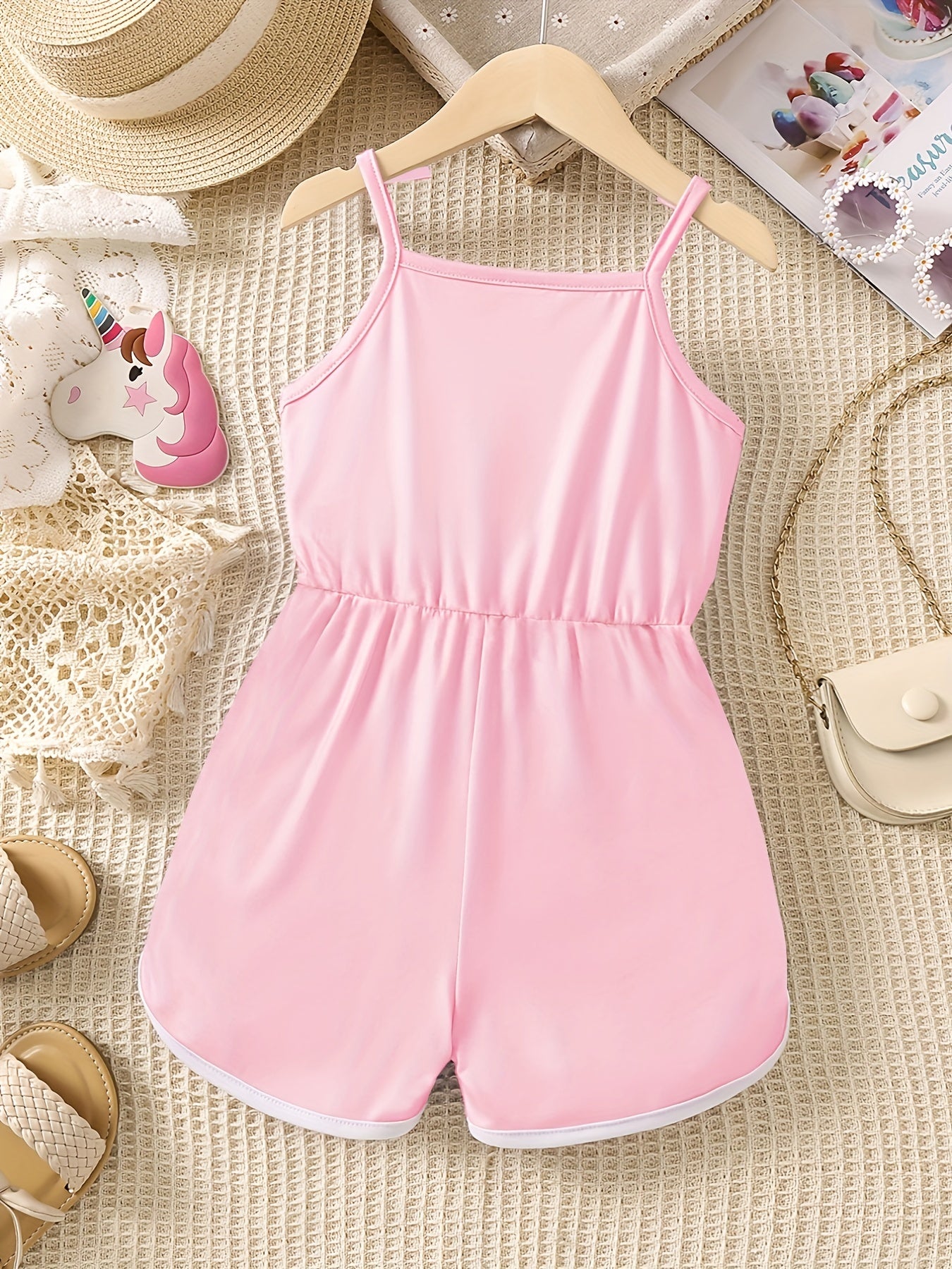 Girls Unicorn Print Bow Straps Cami Jumpsuit Kids Summer Clothes