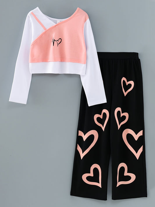 Girls Patchwork Top & Heart Print Pants Set