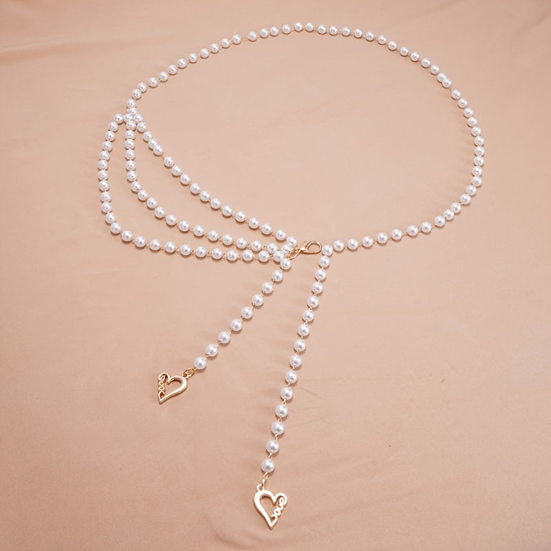 Faux Pearl Waist Chain Belt Floral Decor Sweater Stiletto Belt