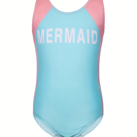 Girls Mermaid Print One piece Swimsuit Backless Colorblock Sports Swimsuit