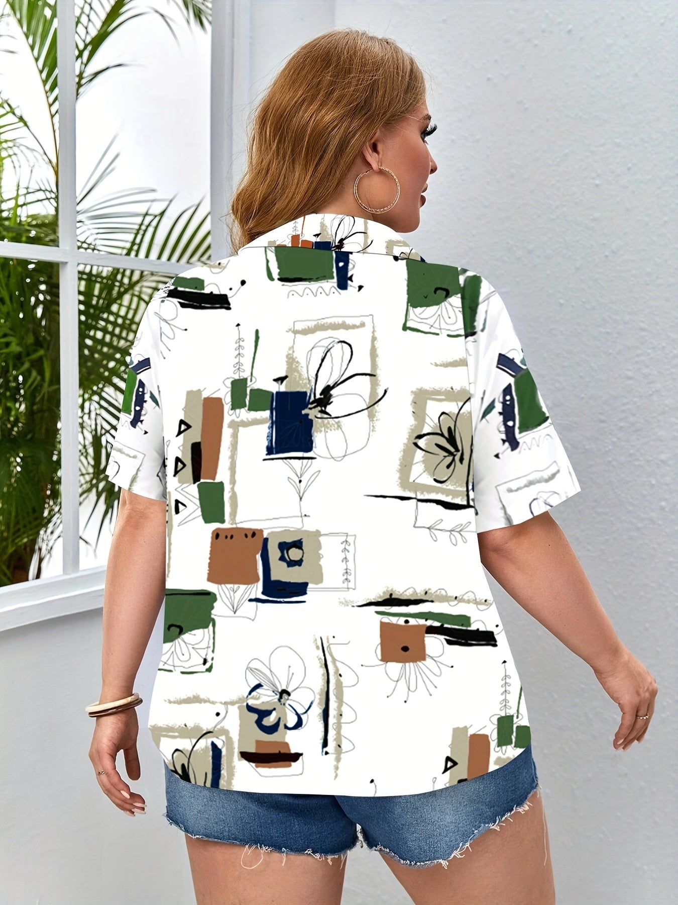  Floral Print Button Up Short Sleeve Blouse