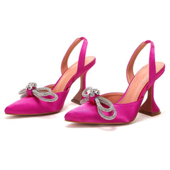 Women's Rhinestone Bow High Heels Pointed Toe Slip On Slingback Wedding Pumps