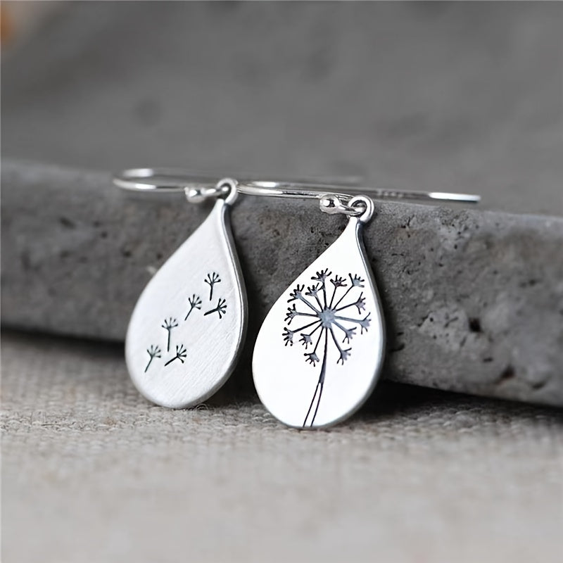 Vintage Dandelion Drop Dangle Earrings Water Drop Silver Plated Jewelry