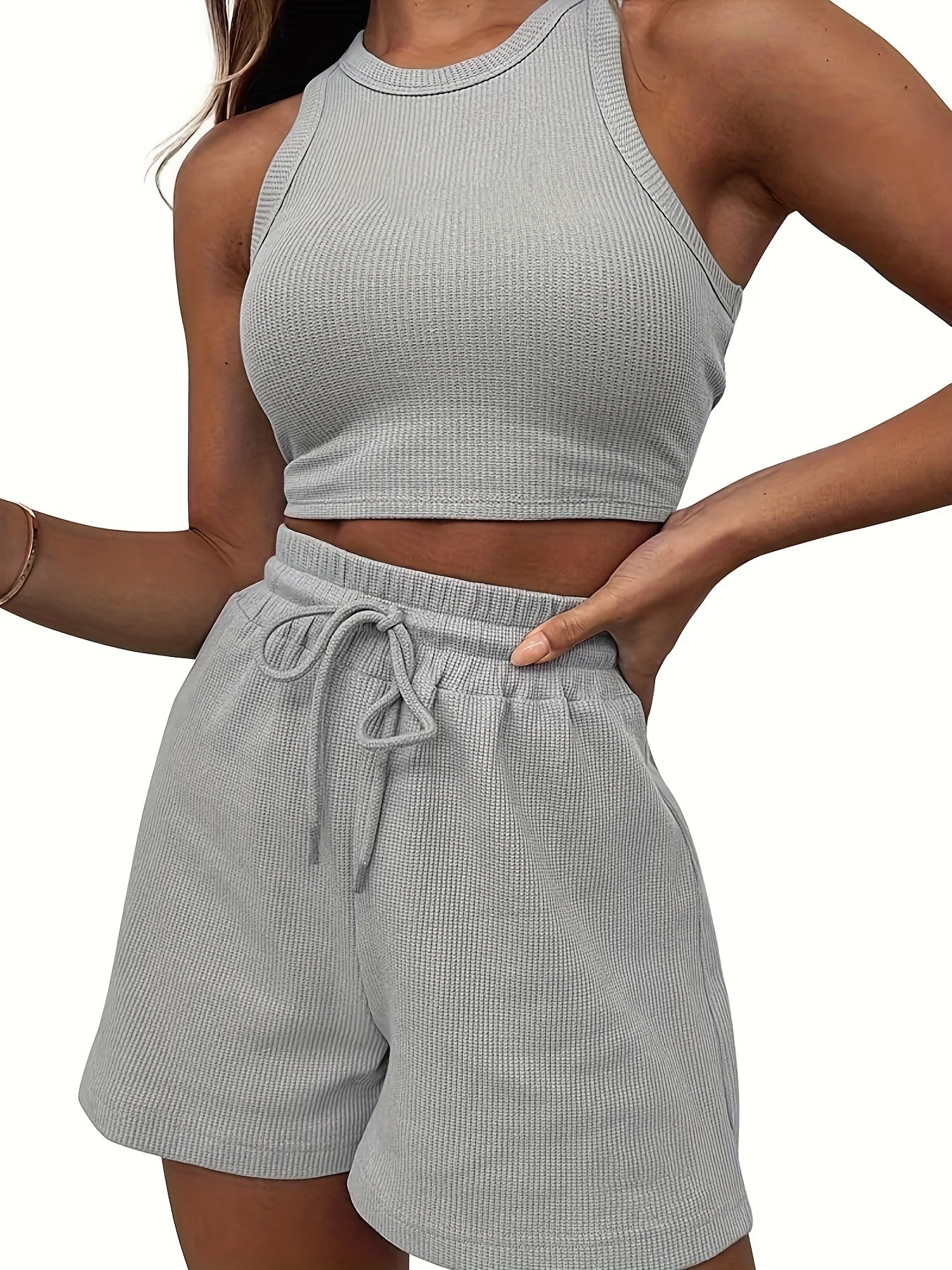 Rib Knit Crop Top & Drawstring Shorts Set, Casual Sports Suit